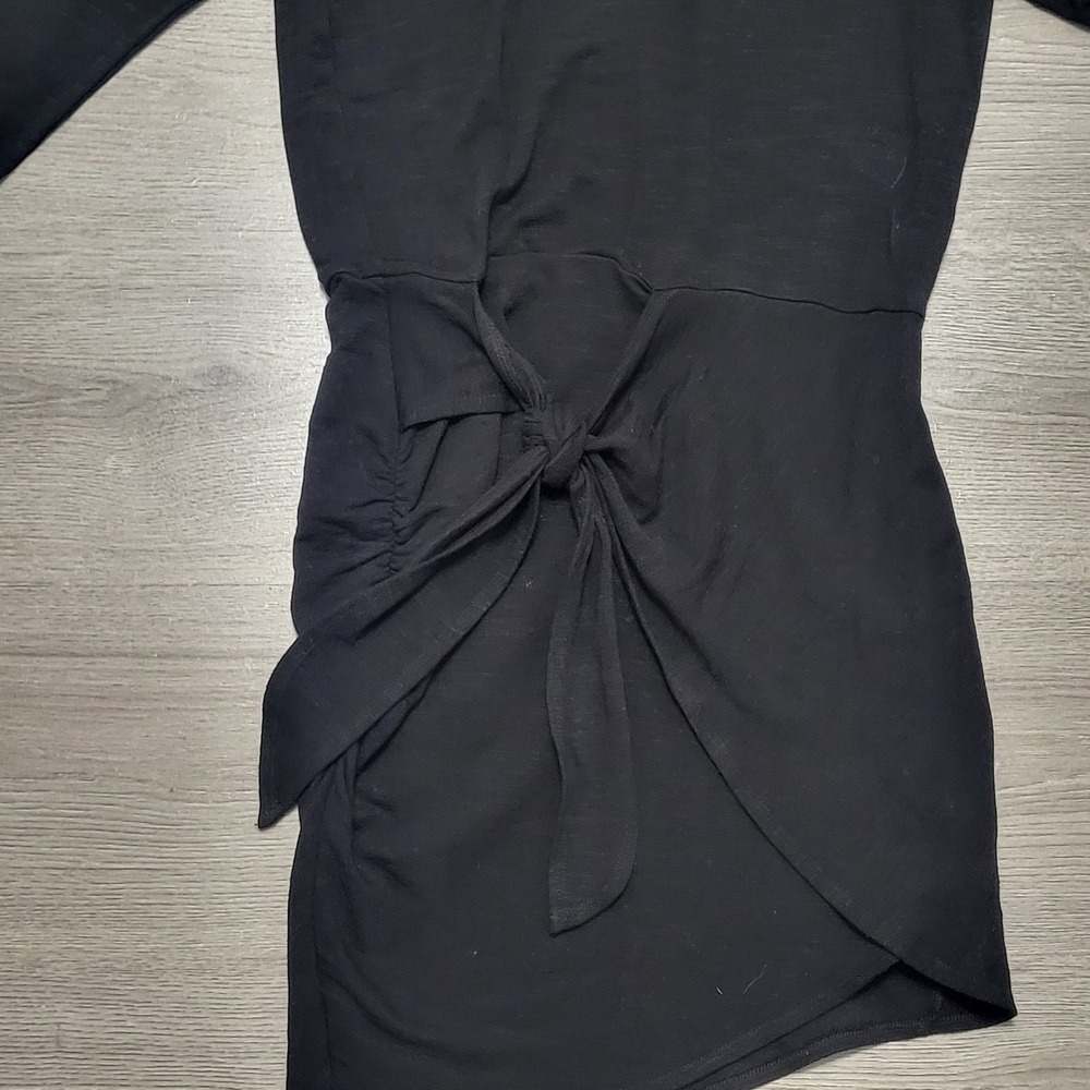 MONROW Supersoft Black V Neck Long Sleeve Tie Waist Ruched Mini Dress Small - Picture 5 of 10
